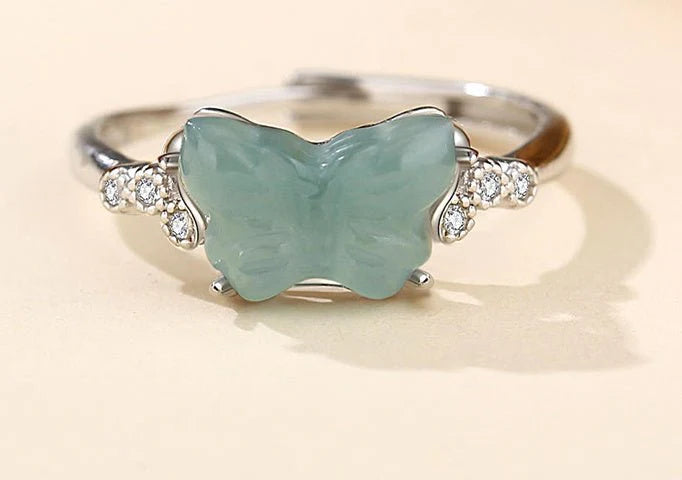 Natural Blue Water Jade Butterfly Ring For Women