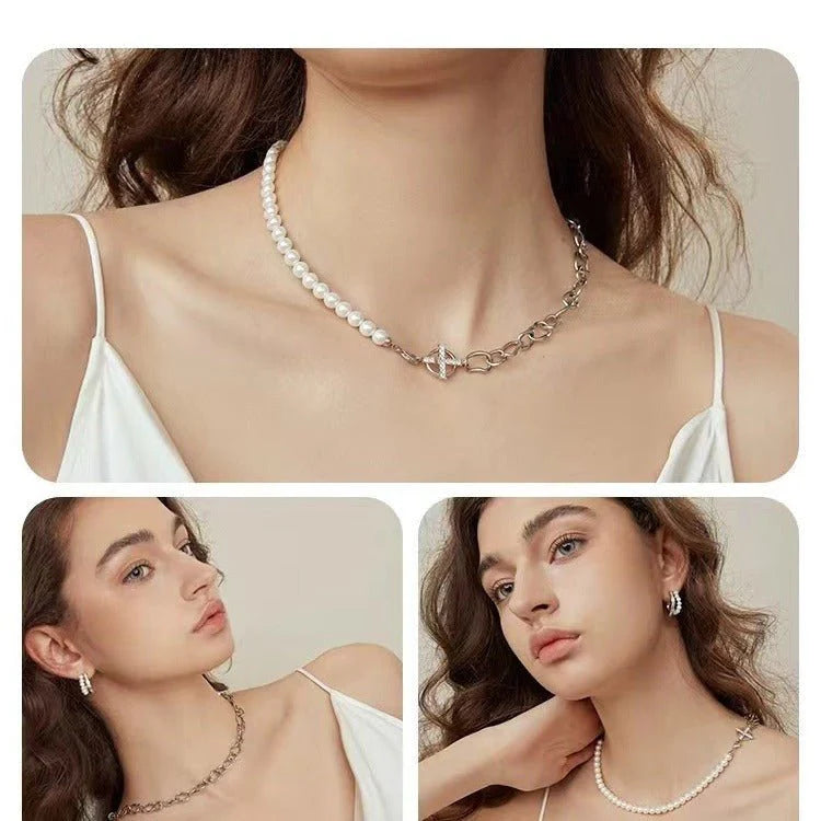 New Hoop And Pearl Chain Stitching Necklace For Women