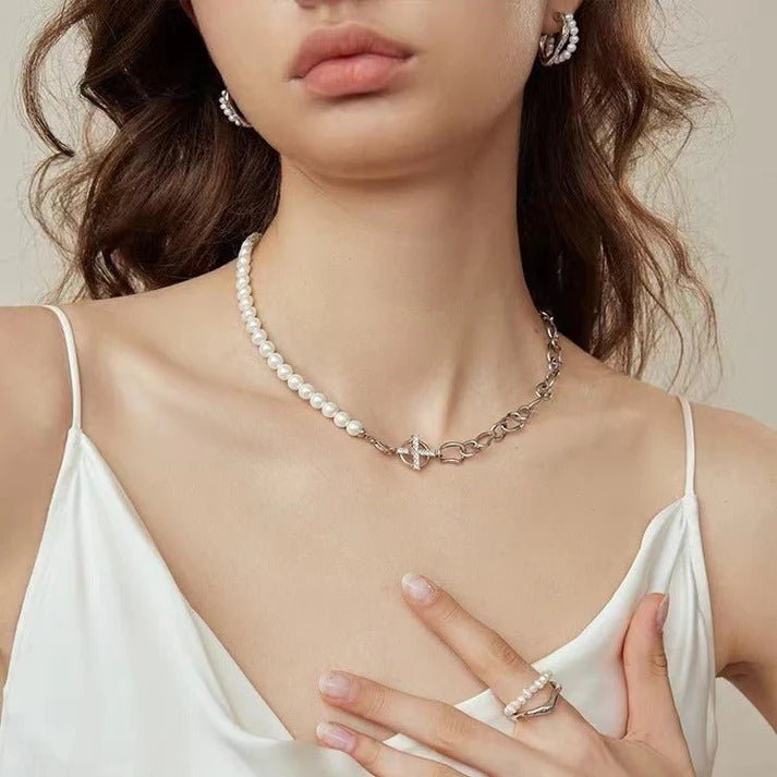 New Hoop And Pearl Chain Stitching Necklace For Women