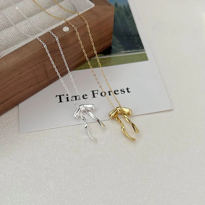 925 Sterling Silver Bow Necklace Simple Cold