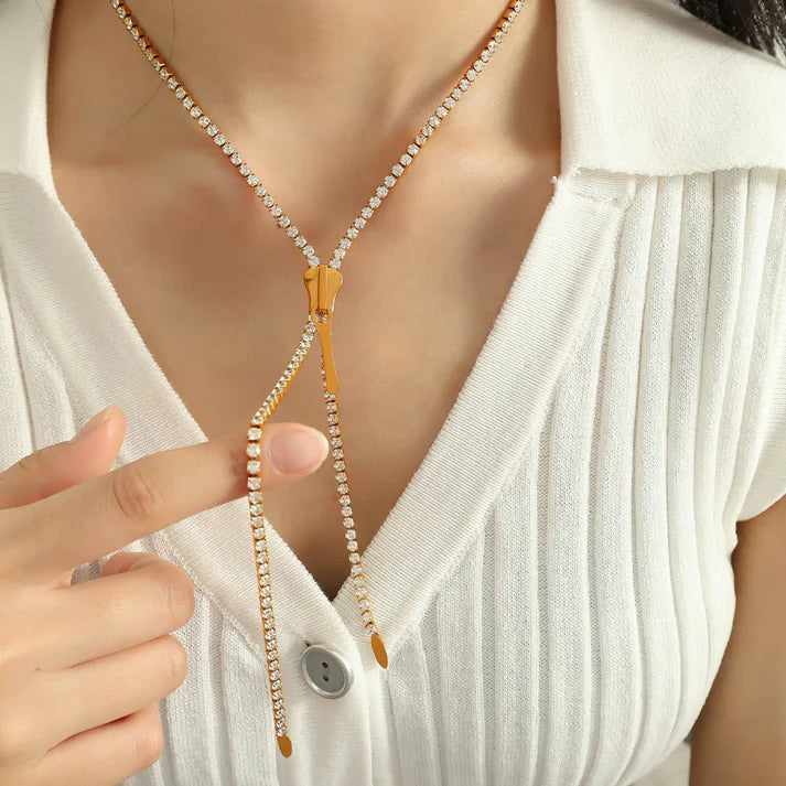 Cold Style Diamond Long Zipper Necklace European And American Personalized